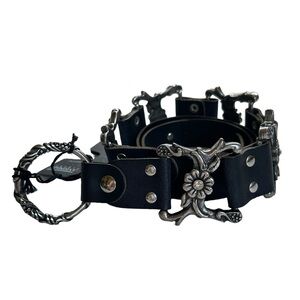 Antoniazzi Firenze Black Leather Floral Etched Silver Tone Metal Belt Boho NWT